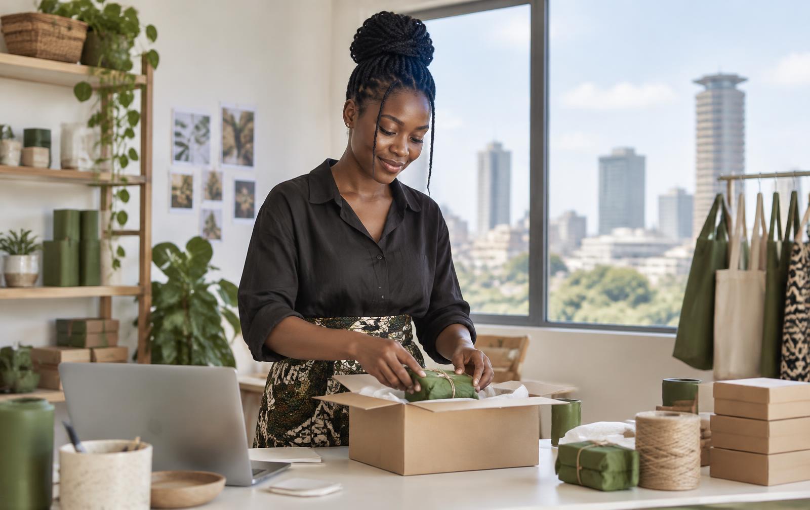 Young Kenyan entrepreneur preparing customer orders in her Nairobi studio